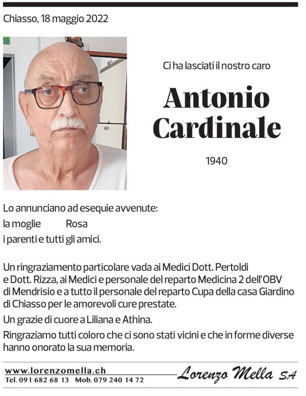 Annuncio funebre Antonio Cardinale