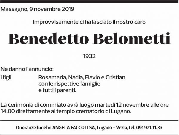 Annuncio funebre Benedetto Belometti