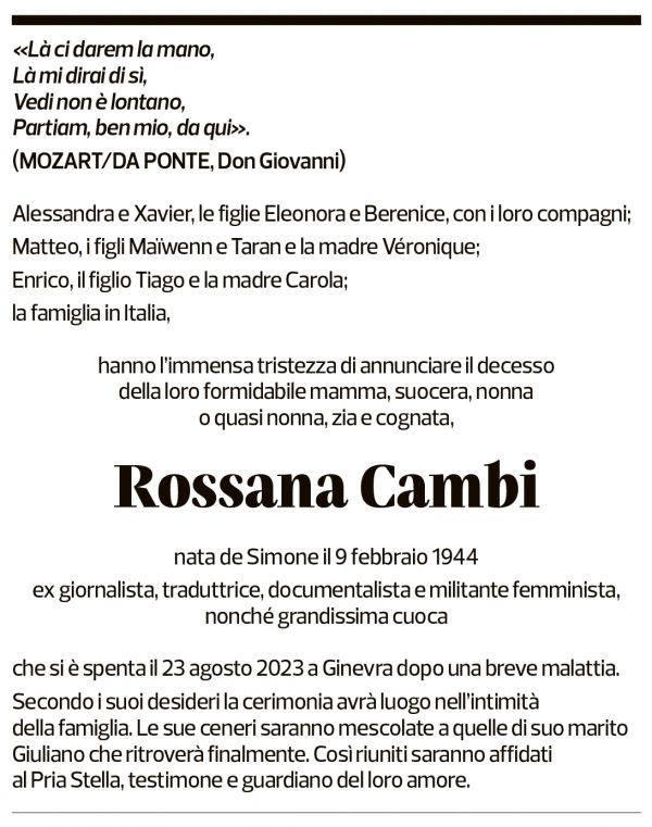 Annuncio funebre Rossana Cambi