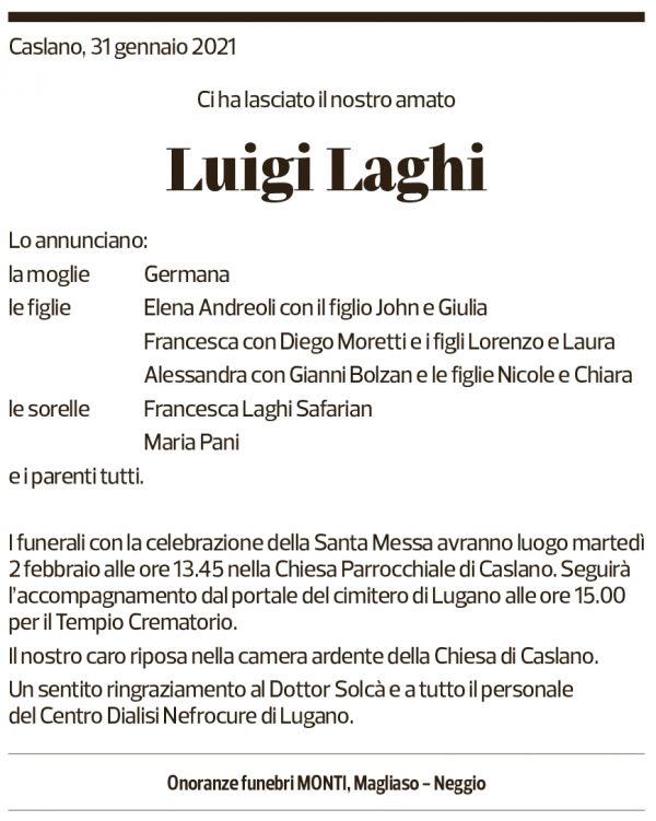 Annuncio funebre Luigi Laghi