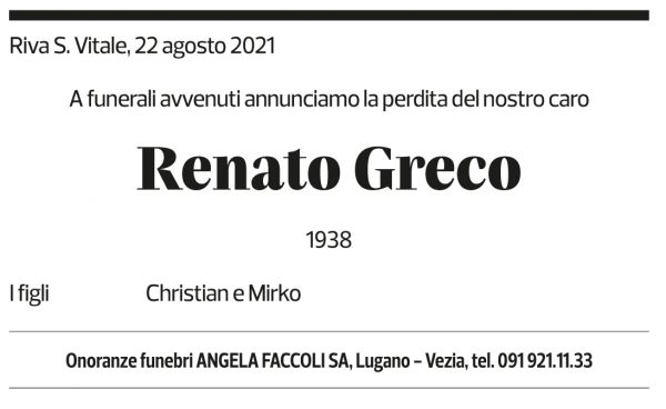 Annuncio funebre Renato Greco