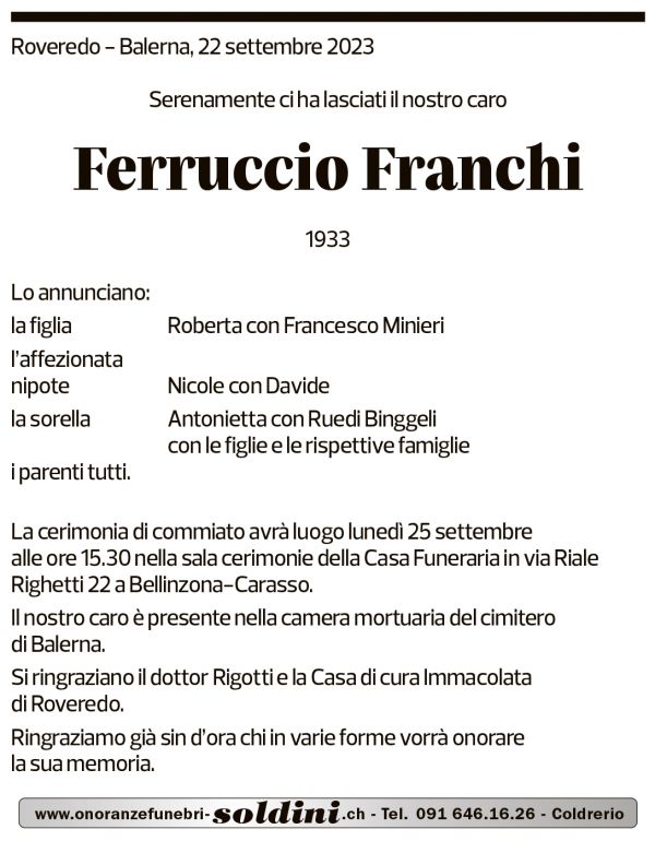 Annuncio funebre Ferruccio Franchi