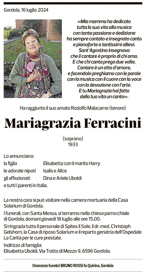 Annuncio funebre Mariagrazia Ferracini