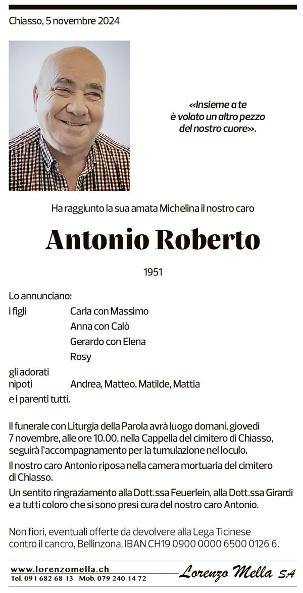 Annuncio funebre Antonio Roberto