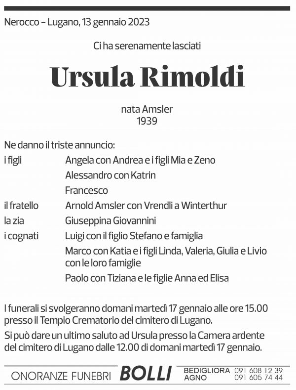 Annuncio funebre Ursula Rimoldi