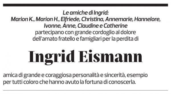 Annuncio funebre Ingrid Annemarie Eismann