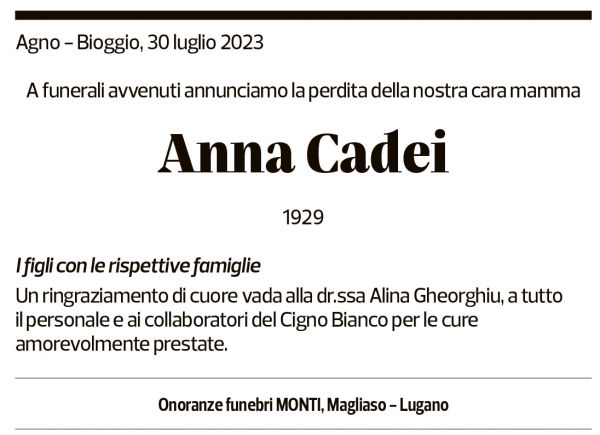 Annuncio funebre Anna Cadei