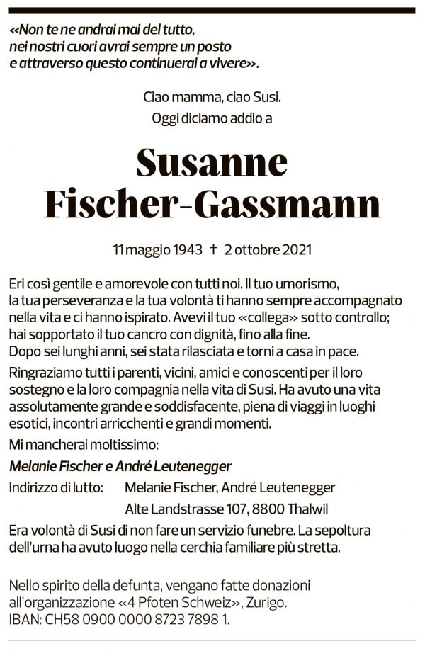 Annuncio funebre Susanne Fischer-gassmann