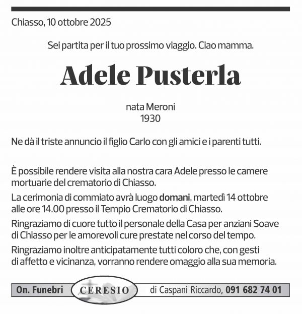 Annuncio funebre Adele Pustela