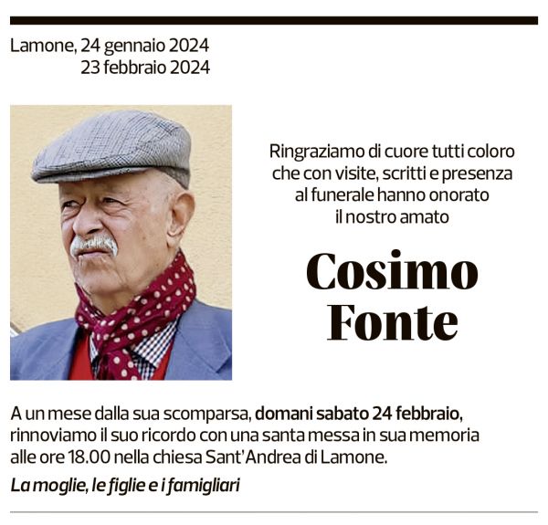 Annuncio funebre Cosimo Fonte