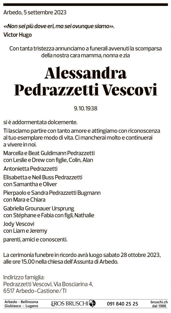 Annuncio funebre Alessandra Pedrazzetti Vescovi