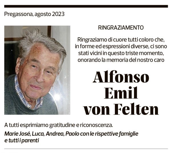 Annuncio funebre Alfonso Emil Von Felten