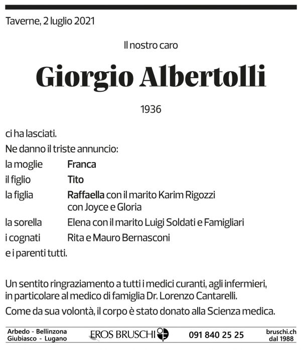 Annuncio funebre Giorgio Albertolli