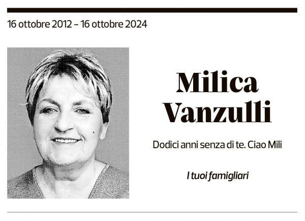 Annuncio funebre Milica Vanzulli