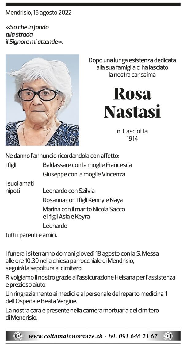 Annuncio funebre Rosa Nastasi