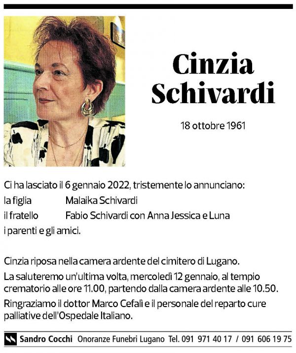 Annuncio funebre Cinzia Schivardi