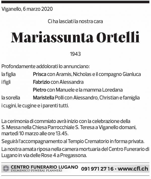 Annuncio funebre Mariassunta Ortelli