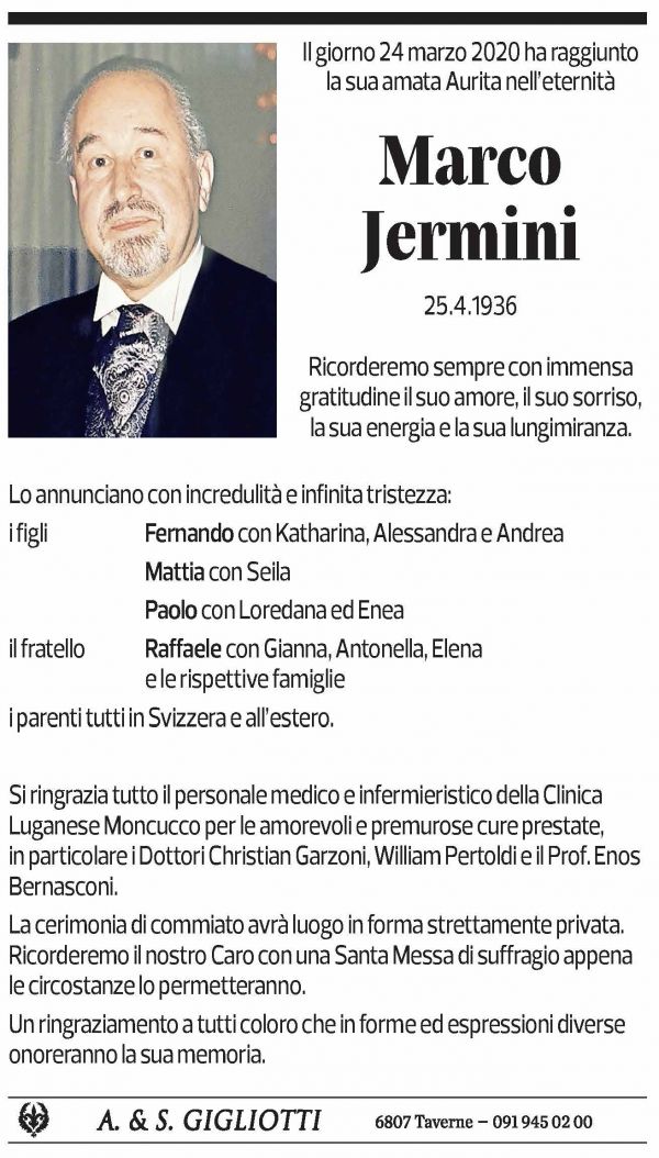 Annuncio funebre Marco Jermini