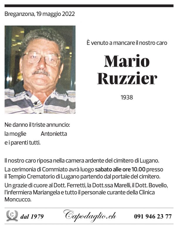 Annuncio funebre Mario Ruzzier