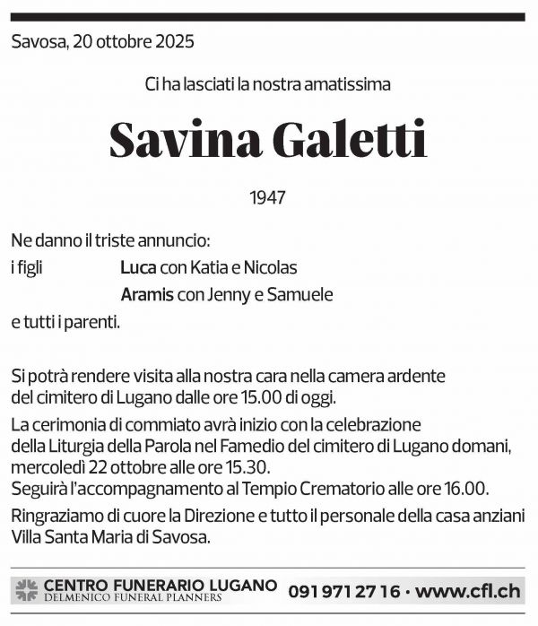 Annuncio funebre Savina Galetti