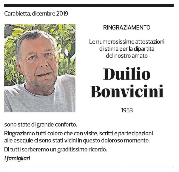 Annuncio funebre Duilio Bonvicini