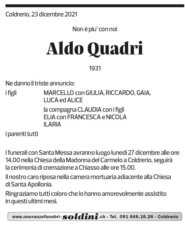 Annuncio funebre Aldo Quadri