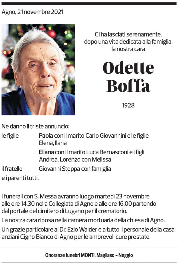 Annuncio funebre Odette Boffa