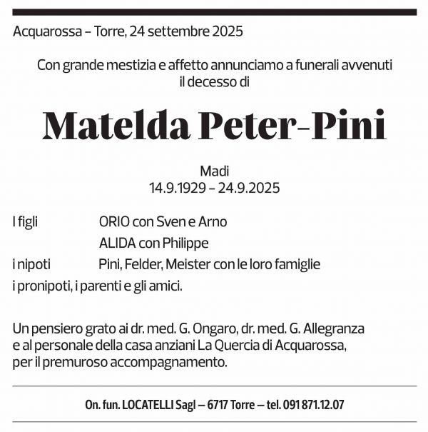 Annuncio funebre Matelda Peter-pini