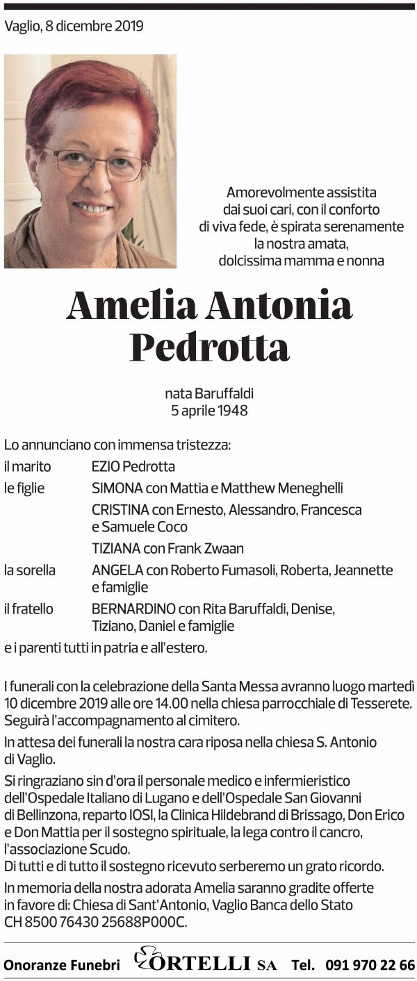 Annuncio funebre Amelia Antonia Pedrotta