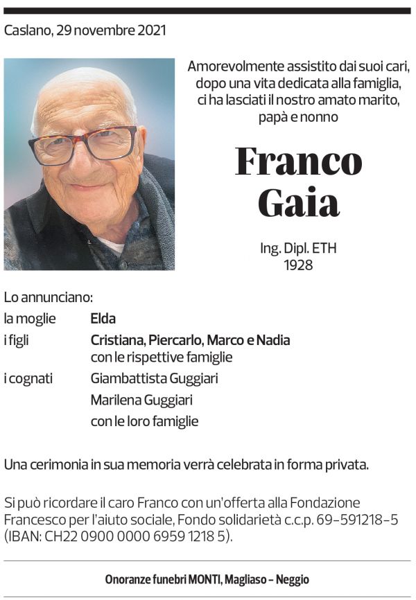 Annuncio funebre Franco Gaia