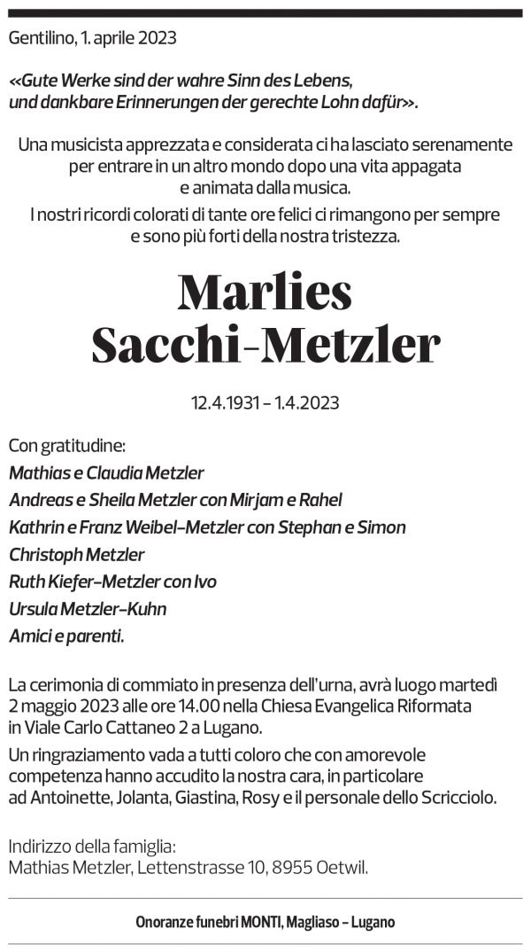 Annuncio funebre Marlies Sacchi-metzler