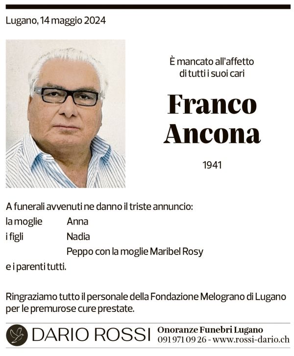 Annuncio funebre Franco Francesco Ancona