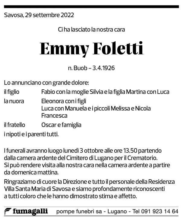 Annuncio funebre Emmy Foletti