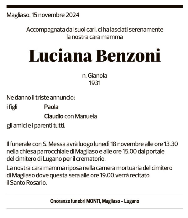 Annuncio funebre Luciana Benzoni