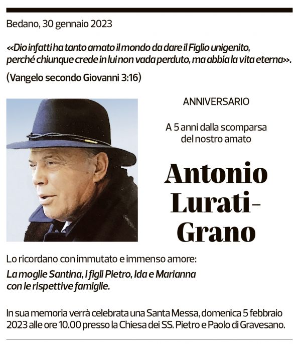 Annuncio funebre Antonio Lurati-grano