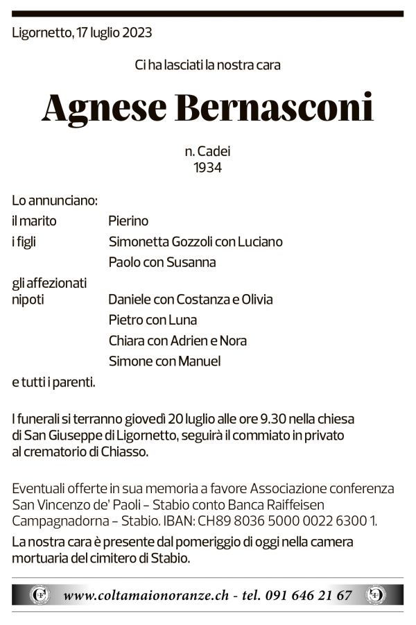 Annuncio funebre Agnese Bernasconi