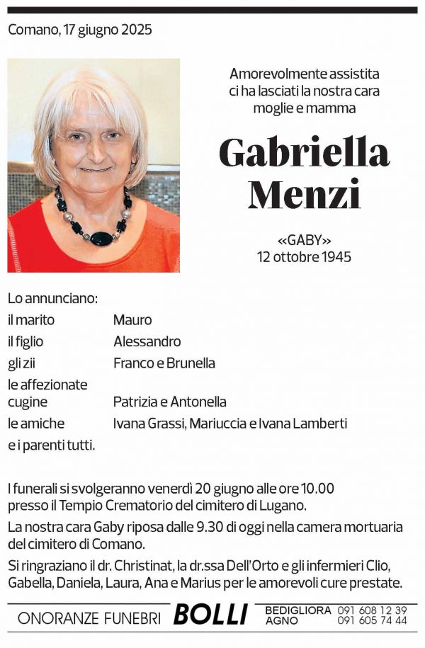 Annuncio funebre Gabriella Menzi