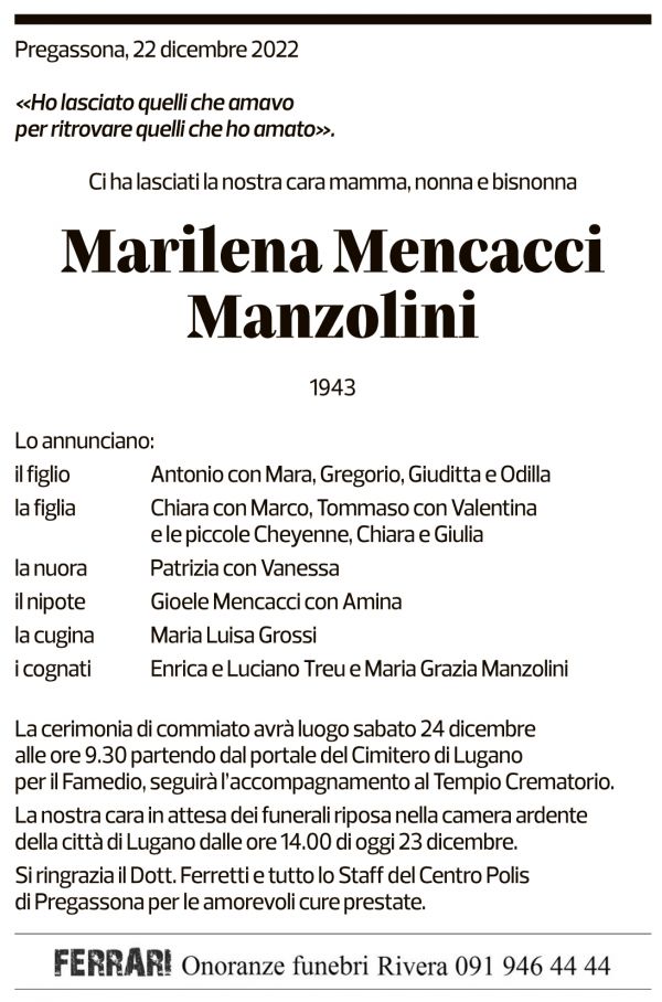 Annuncio funebre Marilena Mencacci Manzolini