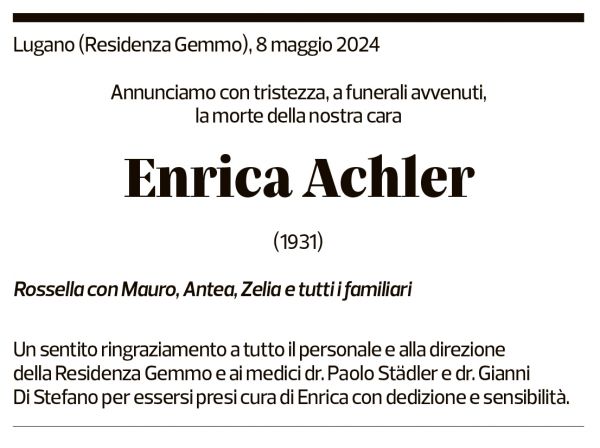 Annuncio funebre Enrica Achler