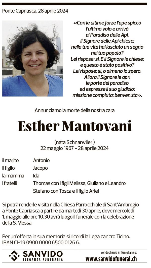 Annuncio funebre Ester Mantovani