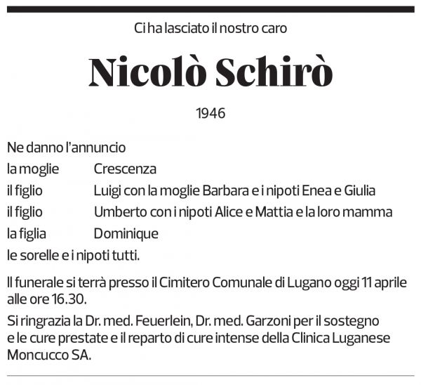 Annuncio funebre Nicolò Schirò