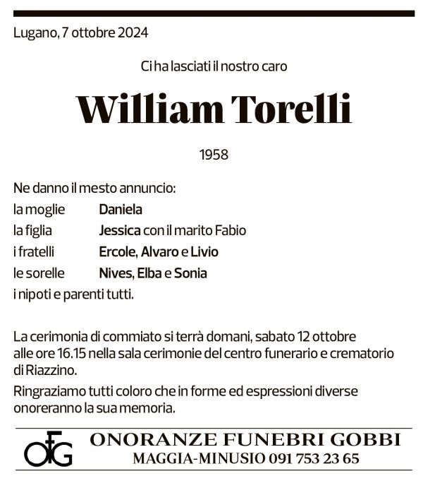 Annuncio funebre William Torelli