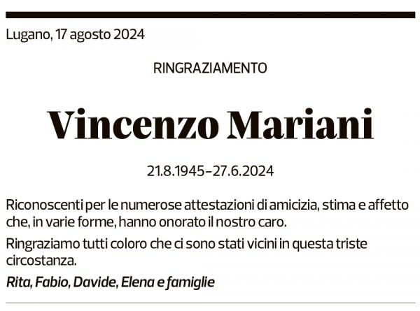 Annuncio funebre Vincenzo Mariani