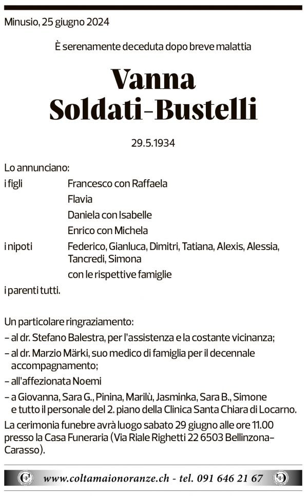 Annuncio funebre Vanna Soldati-bustelli