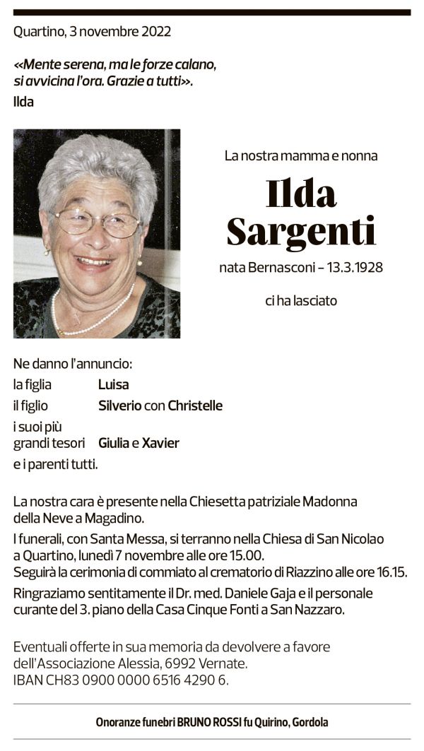 Annuncio funebre Ilda Sargenti