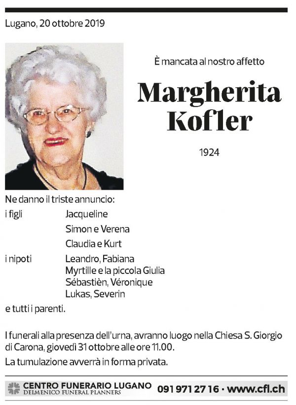 Annuncio funebre Margherita Kofler