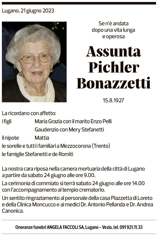 Annuncio funebre Assunta Pichler Bonazzetti