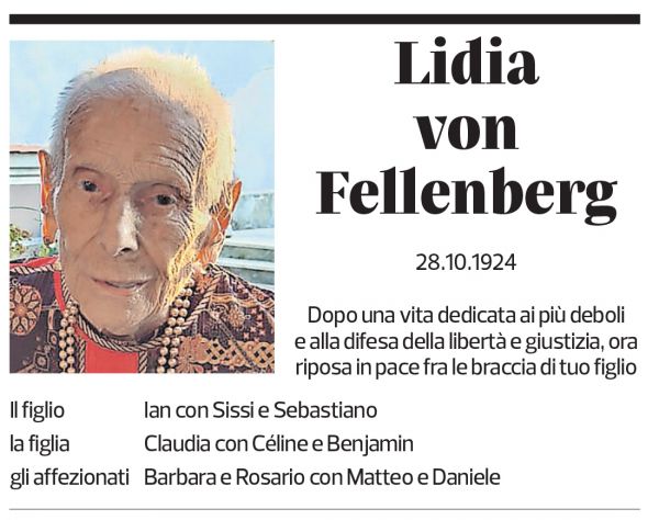 Annuncio funebre Lidia Von Fellenberg