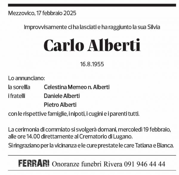 Annuncio funebre Carlo Alberti