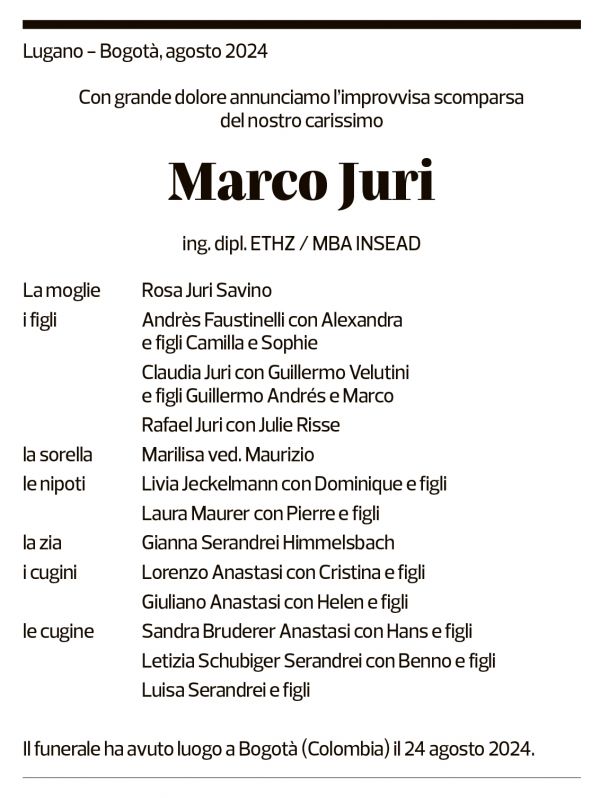 Annuncio funebre Marco Juri